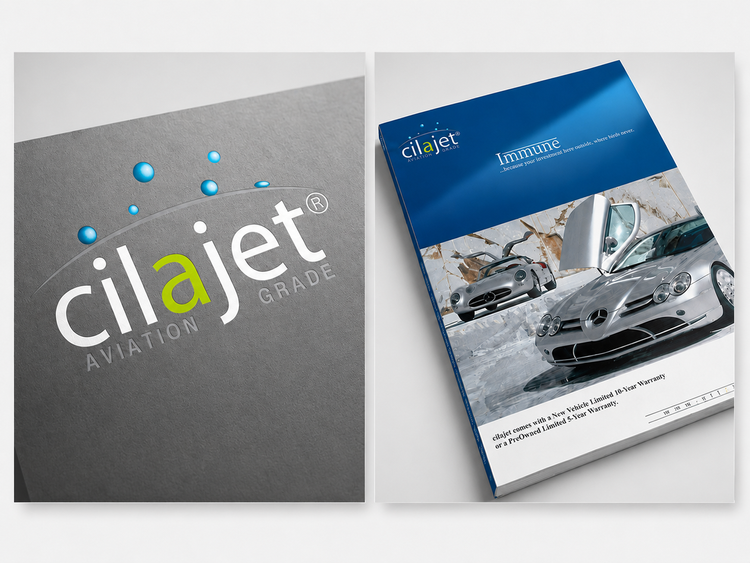 Cilajet logo treatment and brochure cover.