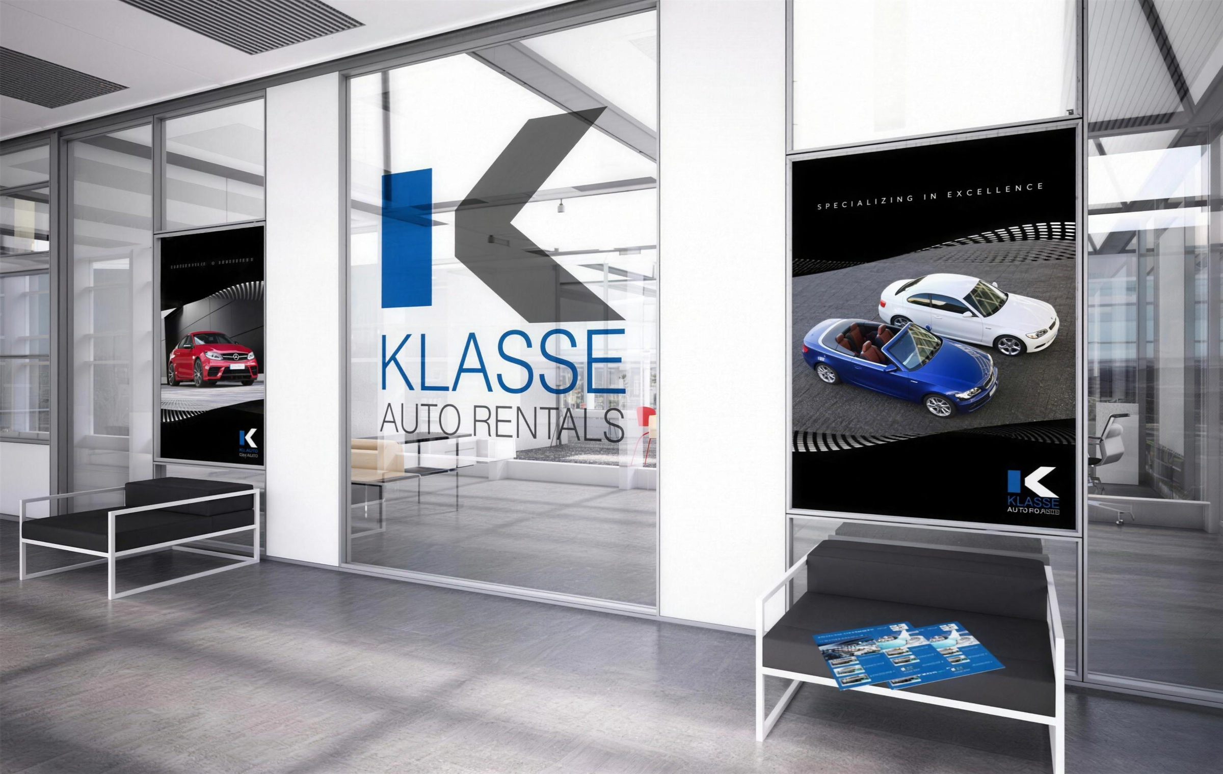 Klasse Auto Rentals brand identity and signage.