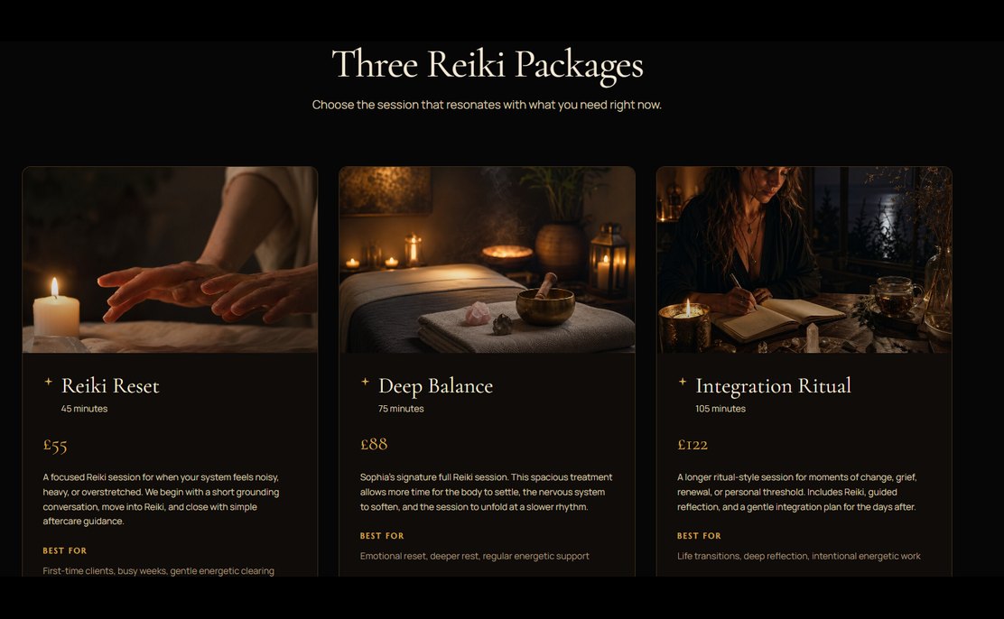 Sophia Reiki website packages section.